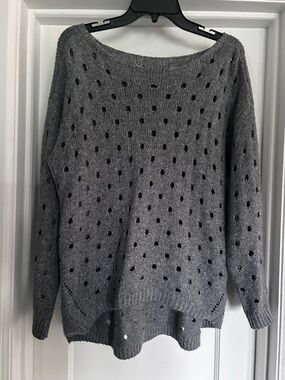 Gray Eyelet-Point Knit Scoop Neck Sweater - Casual Lightweight